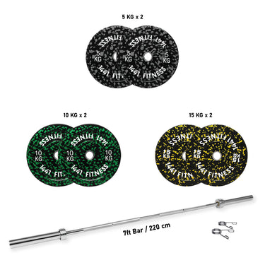 7 Ft Olympic Bar with Camouflage Bumper Plates Set - 80 KG Set | 1441 Fitness